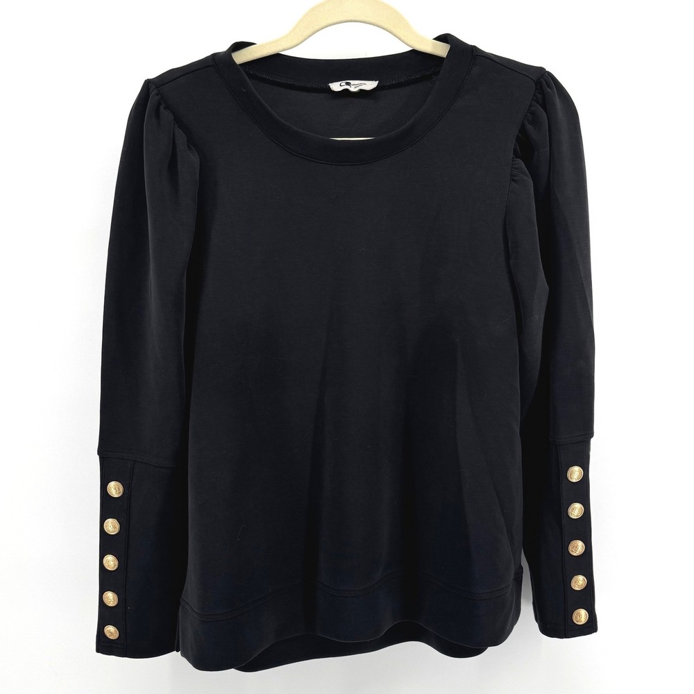 Cable & Gauge Sport Top Women M Black Gold Button Cuff Crewneck Office Wear Chic